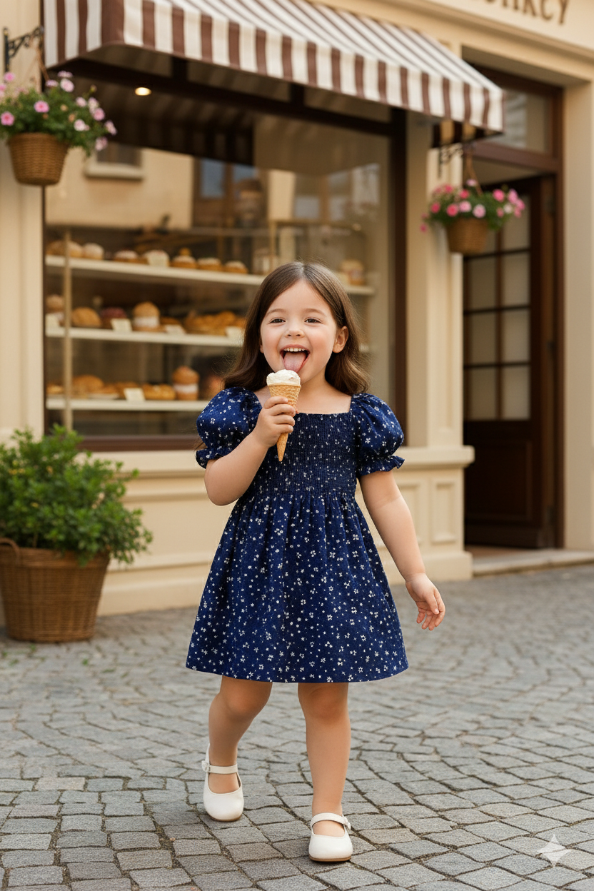 Navy Blue Floral Printed Short Sleeve Midi Baby Dress