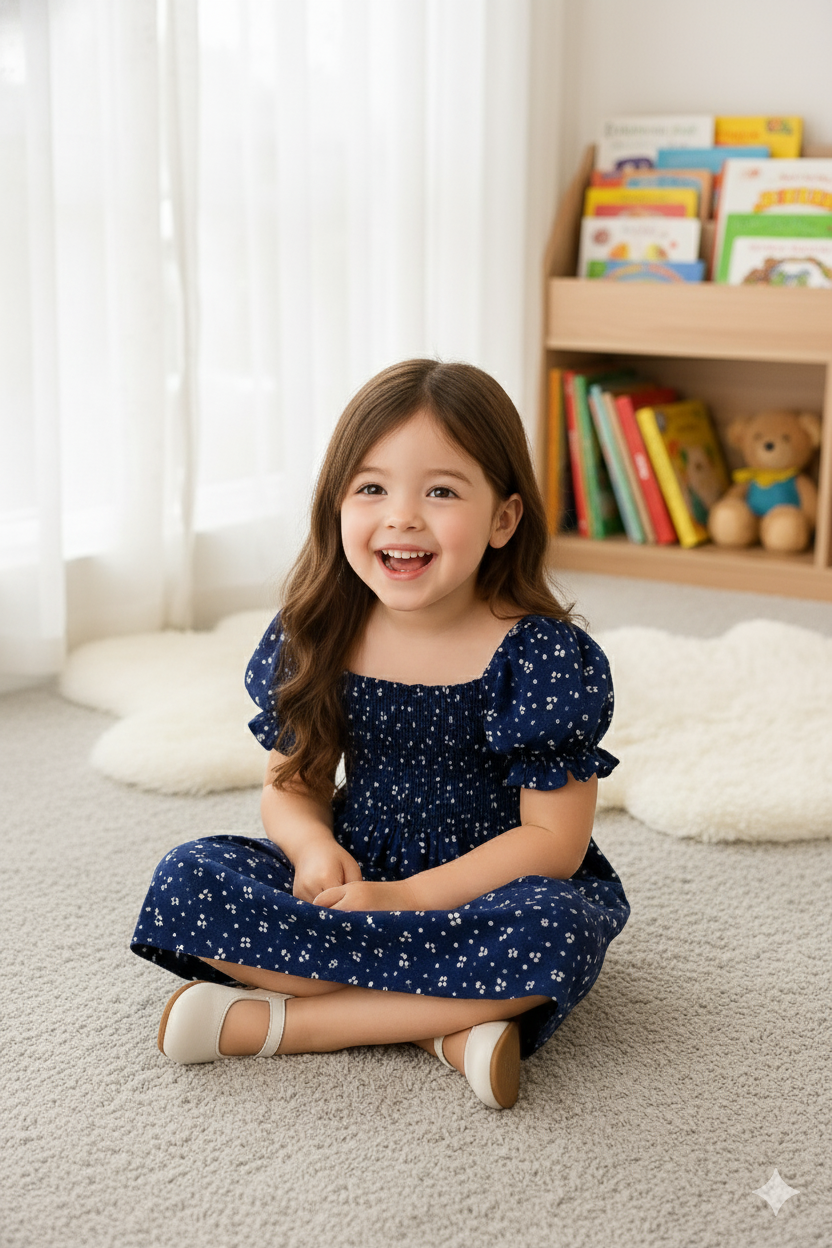 Navy Blue Floral Printed Short Sleeve Midi Baby Dress