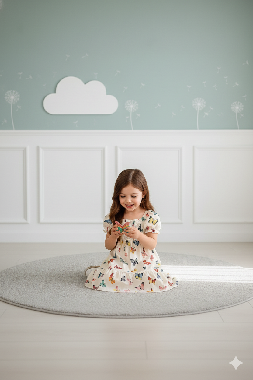 Off-White Color Butterfly Printed Short Sleeve Kids Dress