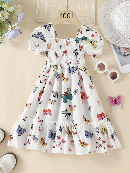 Off-White Color Butterfly Printed Short Sleeve Kids Dress