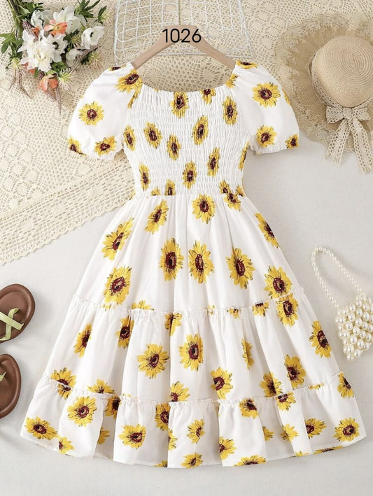 Off-White Color Flower Printed Short Sleeve Baby Girl Dress