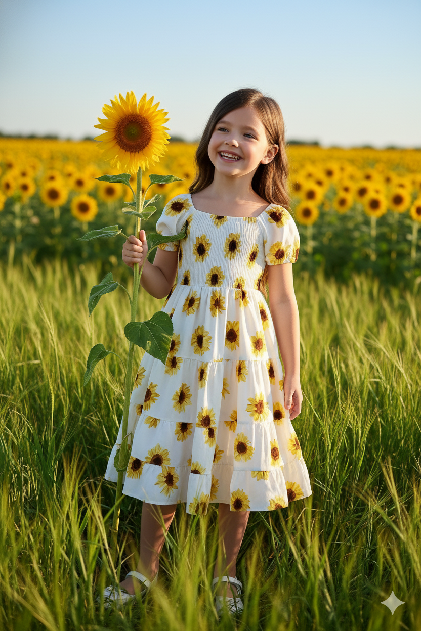 Off-White Color Flower Printed Short Sleeve Baby Girl Dress