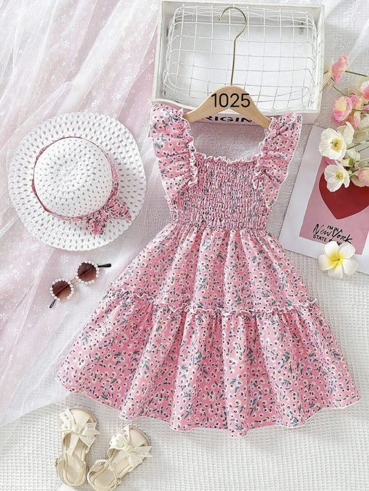 Pink Color Floral Printed Flared Sleeve Kids Baby Dress