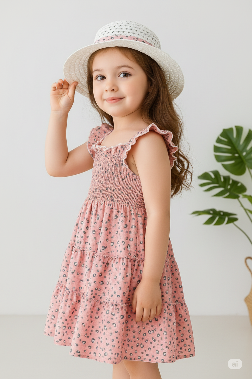 Pink Color Floral Printed Flared Sleeve Kids Baby Dress