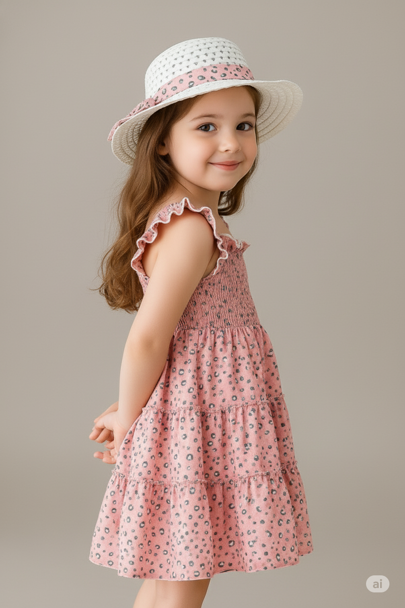 Pink Color Floral Printed Flared Sleeve Kids Baby Dress