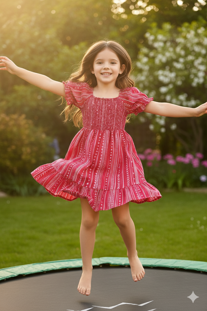 Pink Color Printed Short Sleeve Midi Kids Dress