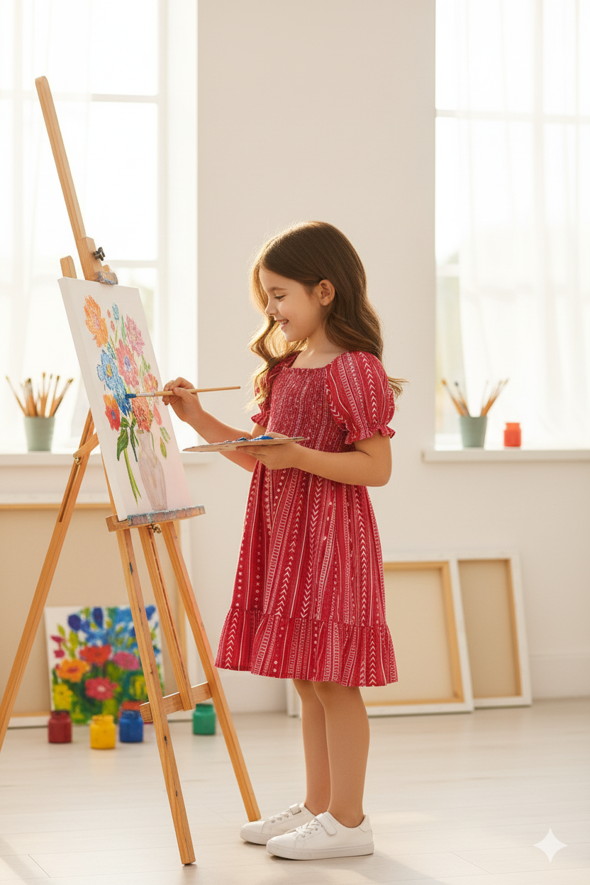 Pink Color Printed Short Sleeve Midi Kids Dress