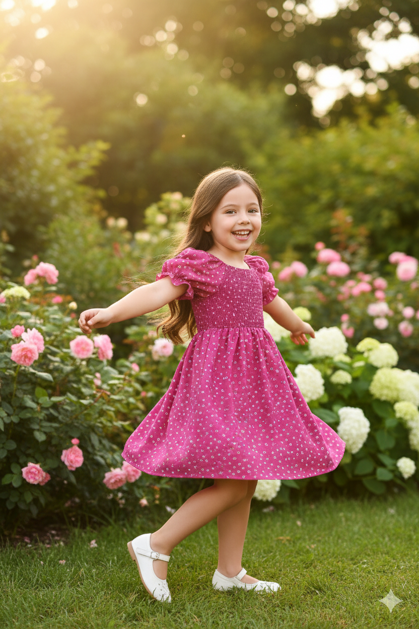 Pink Color Floral Printed Short Sleeve A-Line Baby Dress