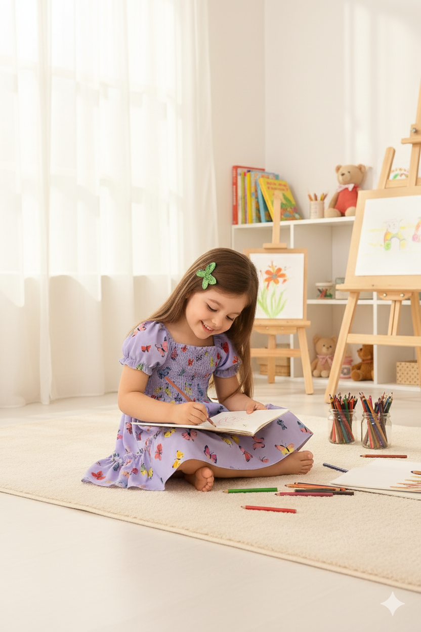 Purple Color Butterfly Printed Short Sleeve Kids Dress