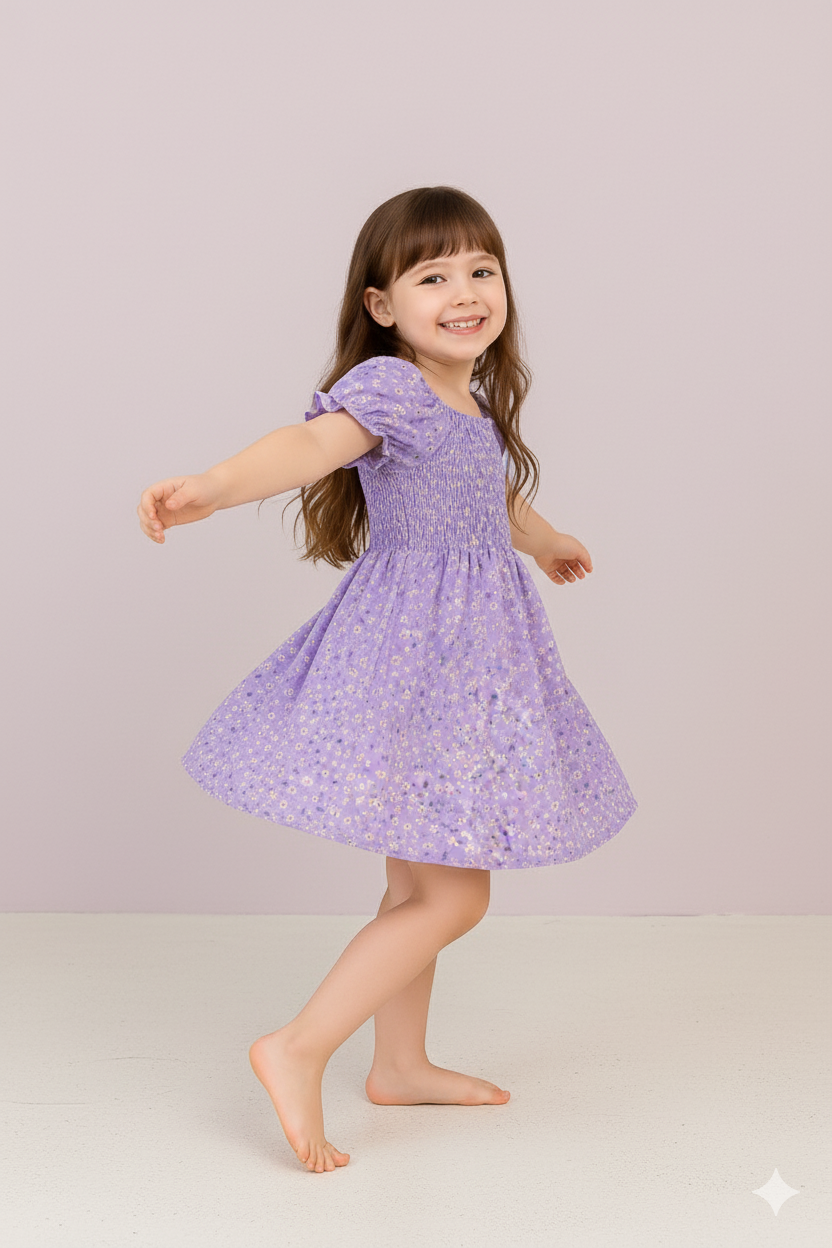 Purple Color Floral Printed Short Sleeve A-Line Baby Dress