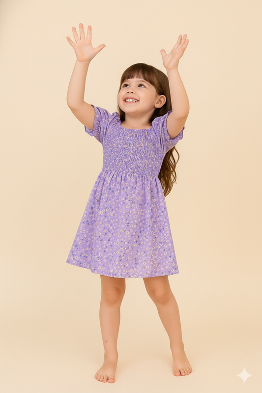 Purple Color Floral Printed Short Sleeve A-Line Baby Dress