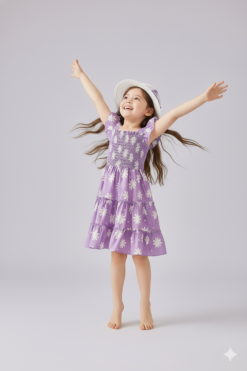 Purple Flower Printed Flared Sleeve Baby Dress