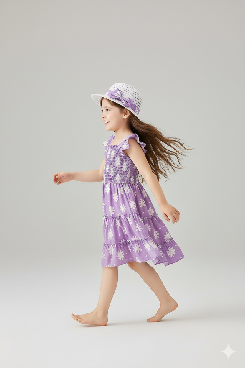 Purple Flower Printed Flared Sleeve Baby Dress
