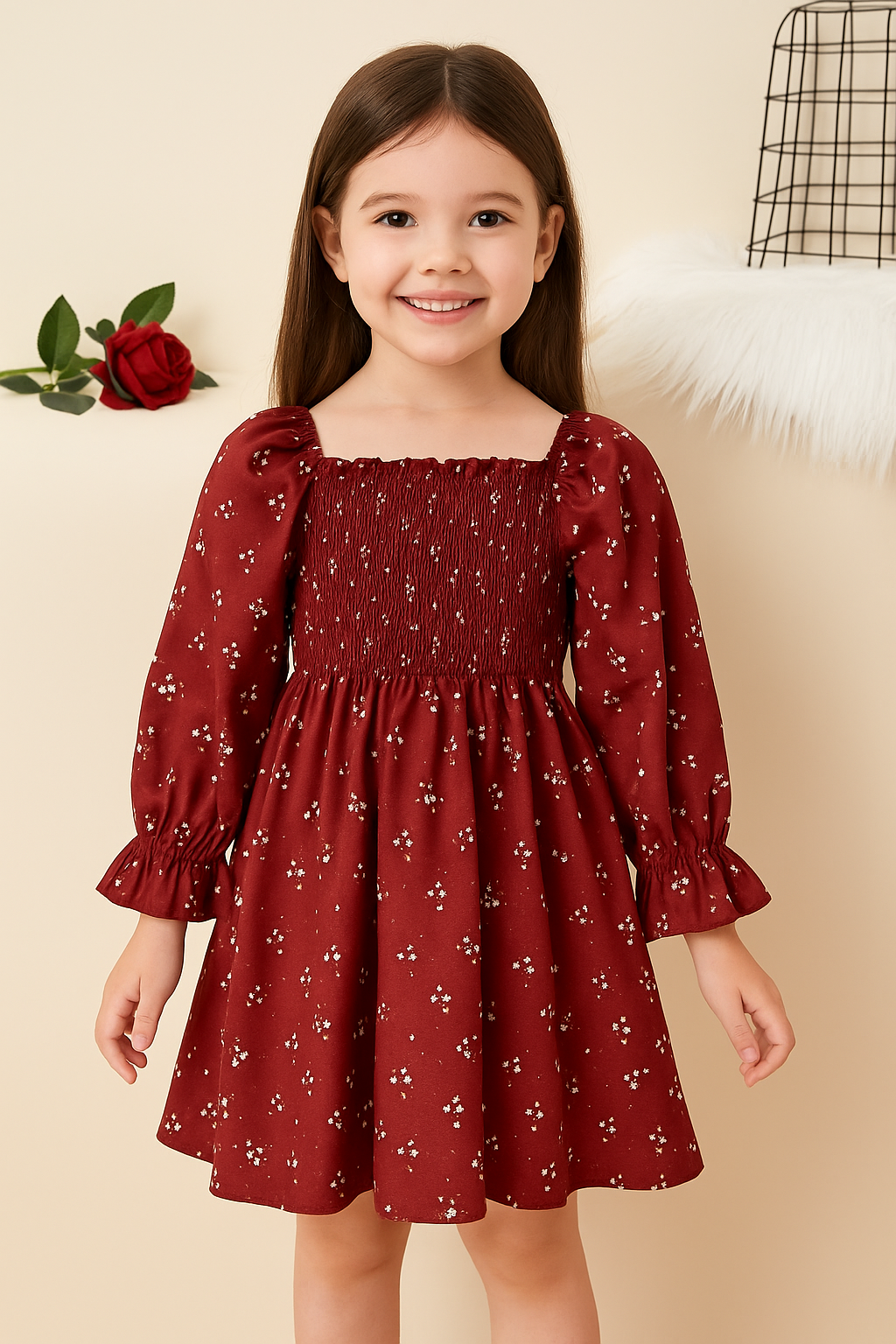 Red Color Floral Printed Full Sleeve Baby Dress