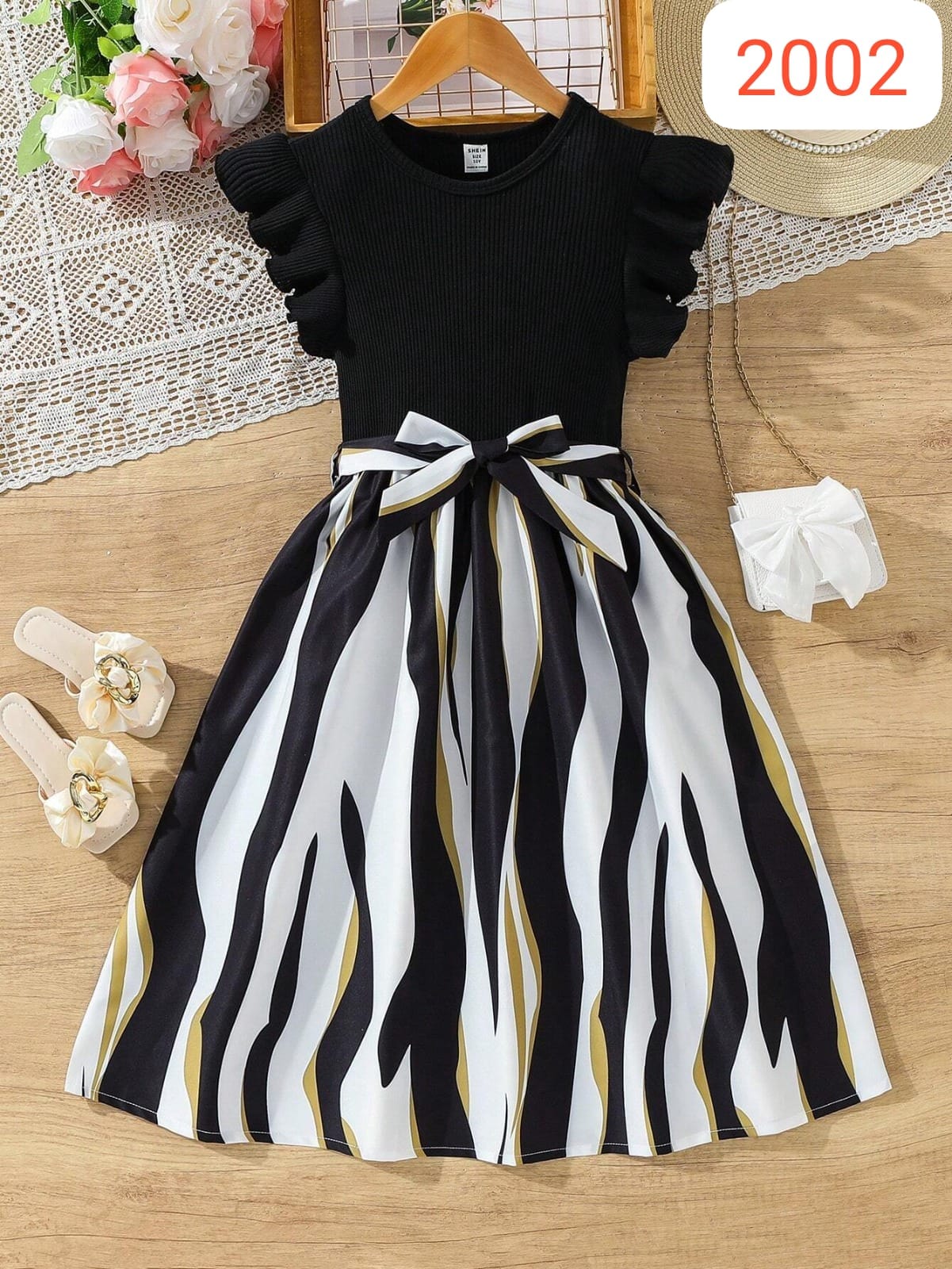 Black & White Flutter Sleeve Cotton Spandex Dress with Bow