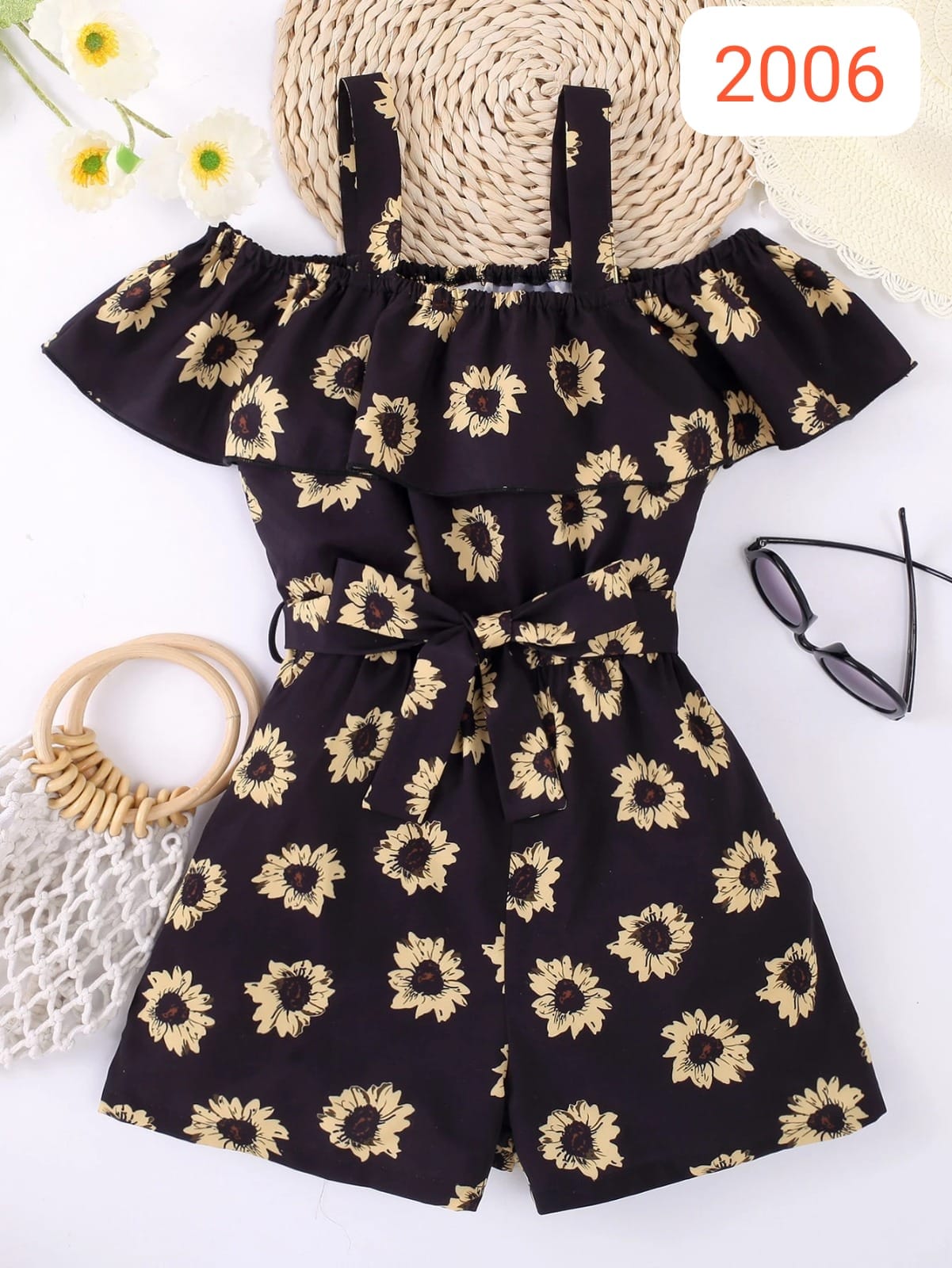 Sunflower Print Off-Shoulder Jumpsuit – Cotton Spandex