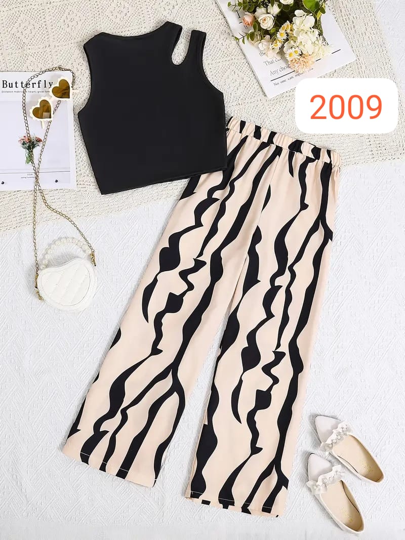 Stylish Abstract Print Pant & Black Crop Top Set – Cotton Spandex