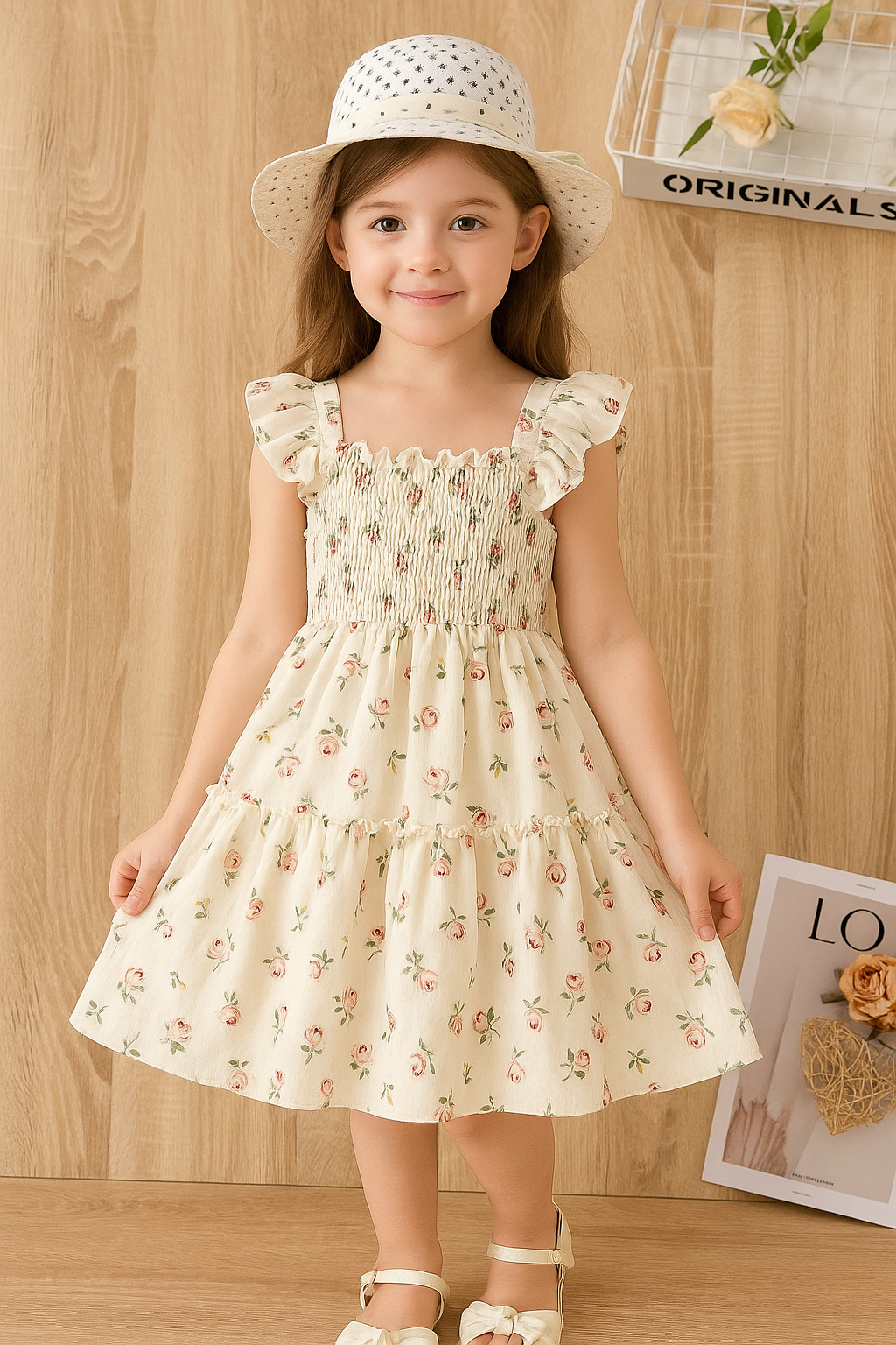 White Floral Printed Flared Sleeve Baby Dress