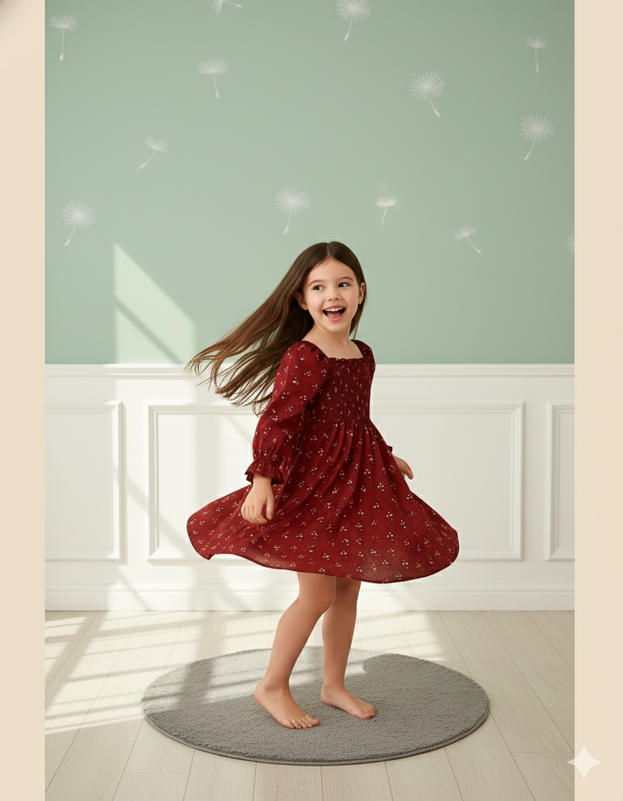 Red Color Floral Printed Full Sleeve Baby Dress