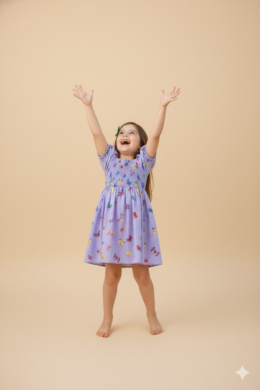 Purple Color Butterfly Printed Short Sleeve Kids Dress
