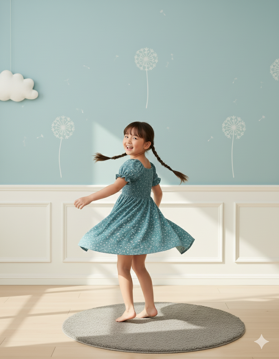 Rama Green Flower Printed Short Sleeve Girls Dress