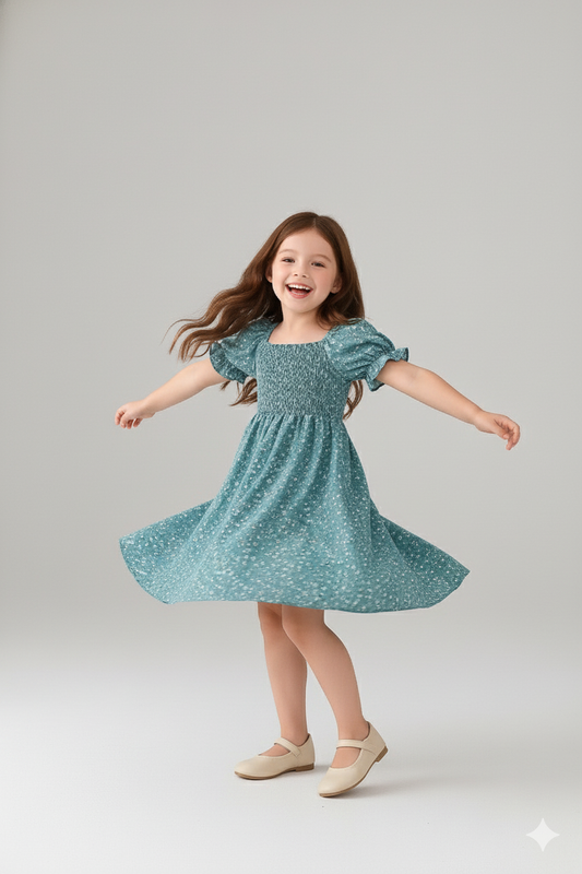 Rama Green Flower Printed Short Sleeve Girls Dress