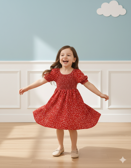 Red Color Floral Printed Short Sleeve Midi Girls Dress