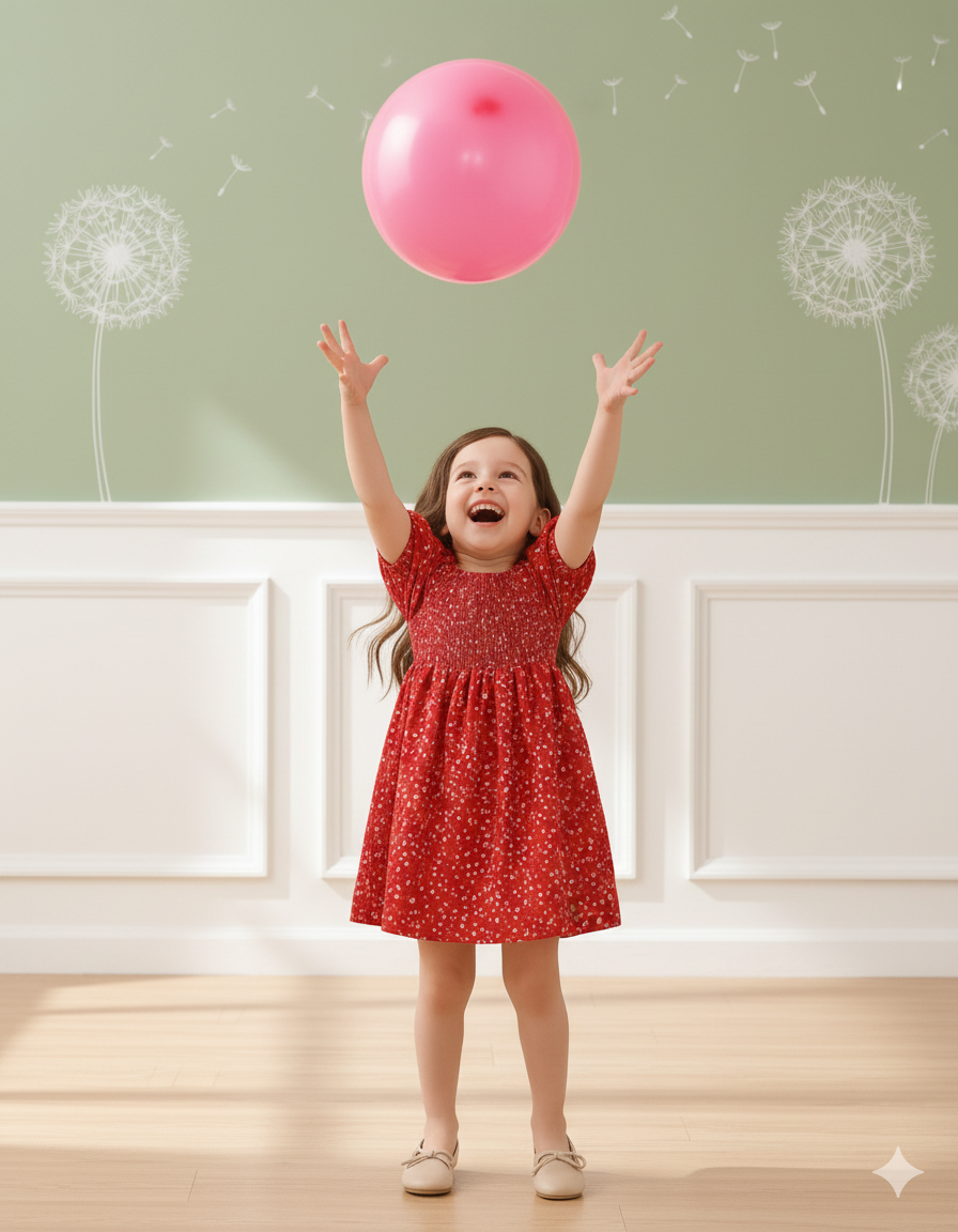 Red Color Floral Printed Short Sleeve Midi Girls Dress