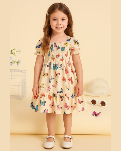 Cream Color Butterfly Printed Short Sleeve Kids Dress