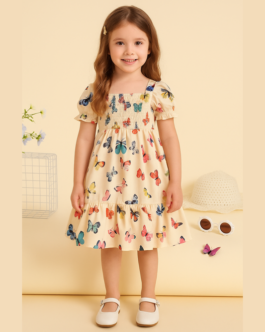 Cream Color Butterfly Printed Short Sleeve Kids Dress