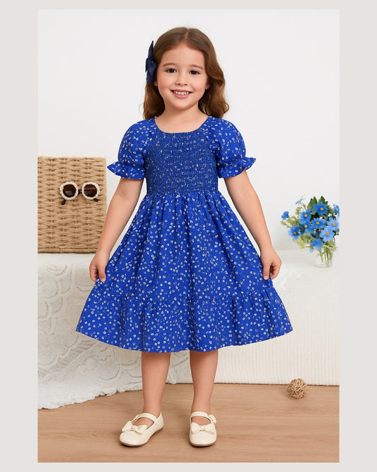 Blue Color Floral Printed Short Sleeve Midi Baby Dress