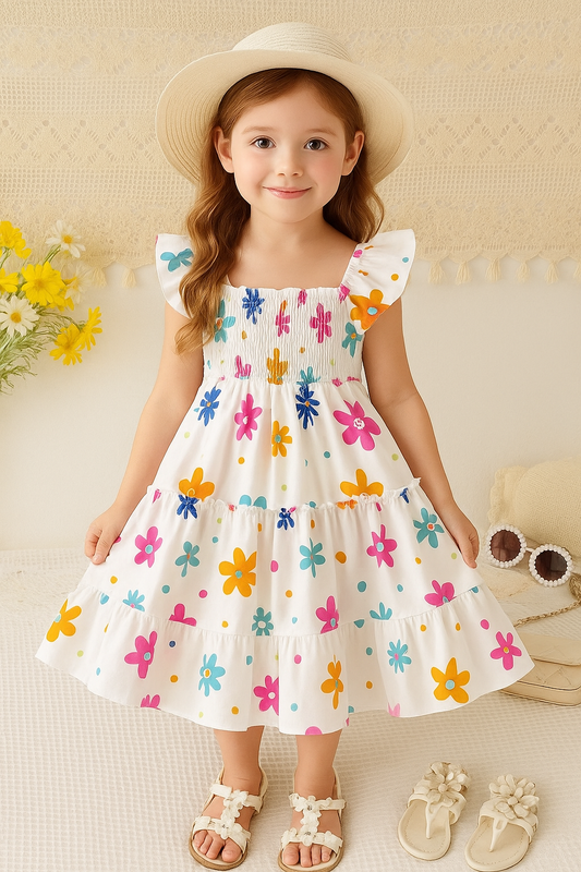 White Color Floral Printed Flared Sleeve Kids Baby Frock