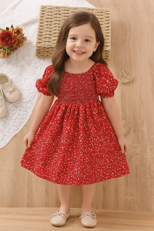 Red Color Floral Printed Short Sleeve Midi Girls Dress