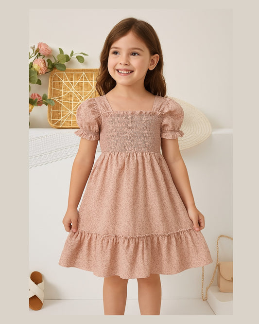 Cream Color Floral Printed Short Sleeve A-Line Girls Dress