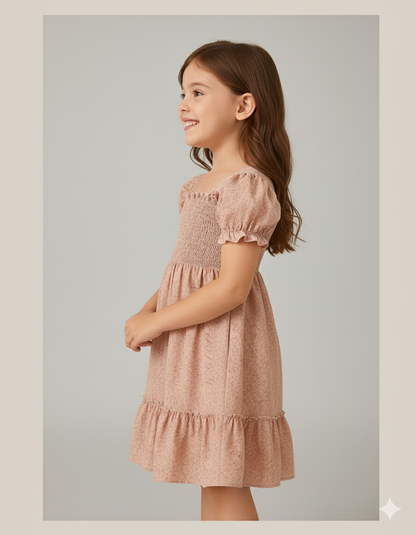 Cream Color Floral Printed Short Sleeve A-Line Girls Dress