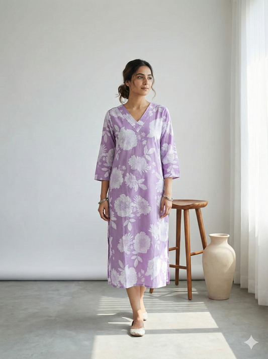 Lavender & White Floral Print Midi Dress - V-Neck Cotton Shift Dress