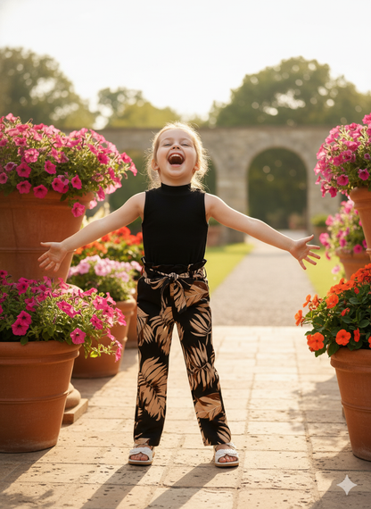Tropical Leaf Print Pant & Black Sleeveless Top Set – Cotton Spandex