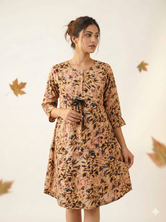 Beige Leaf Print Midi Dress with Drawstring Waist - 3/4 Sleeve Casual A-Line