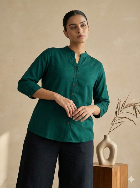 Emerald Green Solid Button-Front Kurti Top