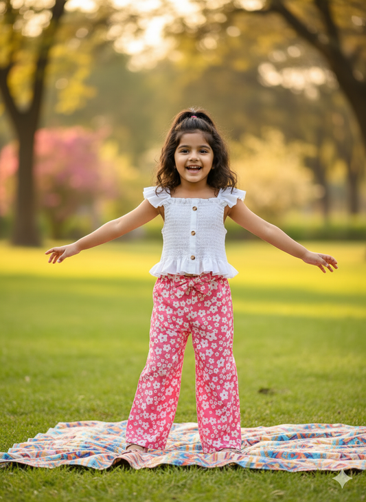 Pink Floral Print Pant & White Ruffle Top Set – Cotton Spandex