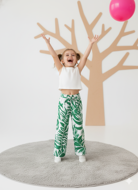 Tropical Leaf Print Pant & White Crop Top Set – Cotton Spandex