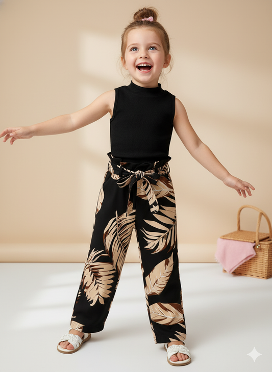 Tropical Leaf Print Pant & Black Sleeveless Top Set – Cotton Spandex