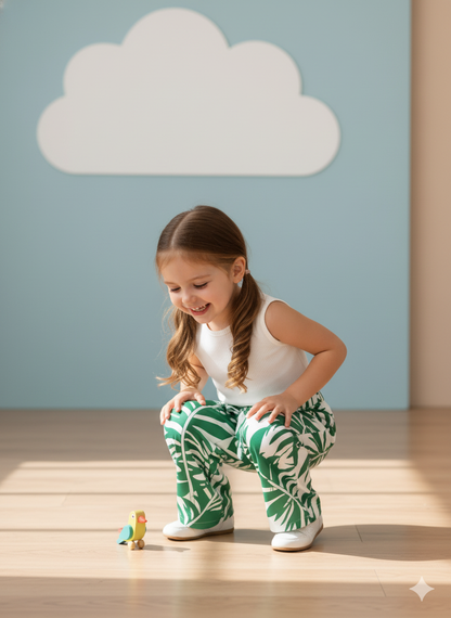 Tropical Leaf Print Pant & White Crop Top Set – Cotton Spandex