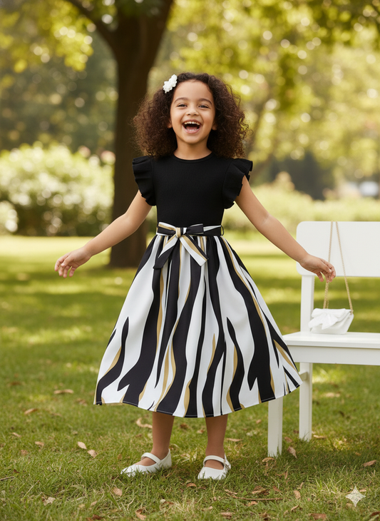Black & White Flutter Sleeve Cotton Spandex Dress with Bow