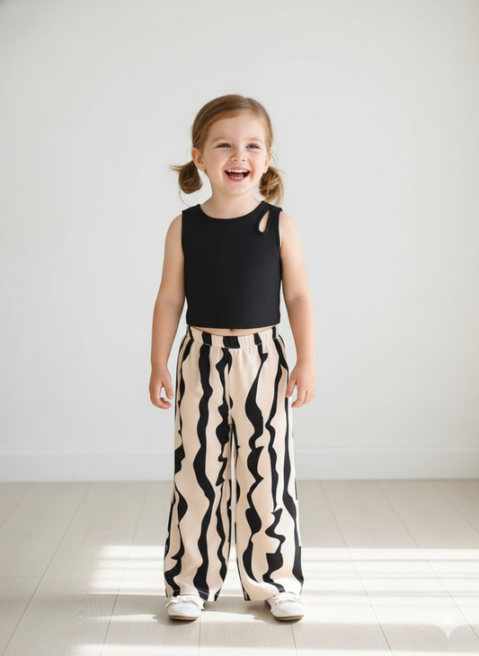 Stylish Abstract Print Pant & Black Crop Top Set – Cotton Spandex