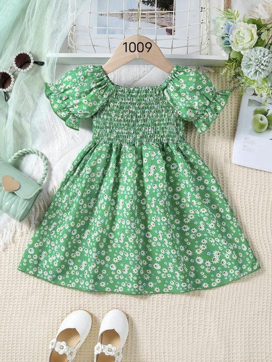 Green Color Flower Printed Short Sleeve Baby Girl Dresses