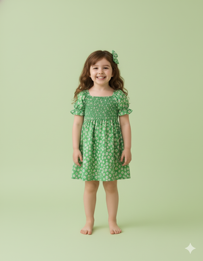 Green Color Flower Printed Short Sleeve Baby Girl Dresses