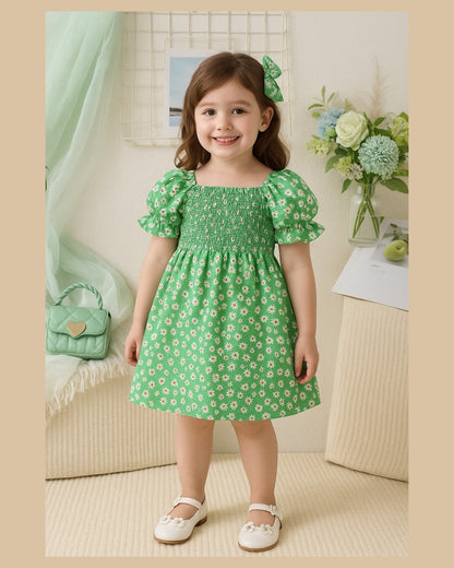 Green Color Flower Printed Short Sleeve Baby Girl Dresses