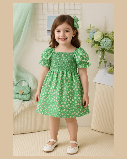 Green Color Flower Printed Short Sleeve Baby Girl Dresses