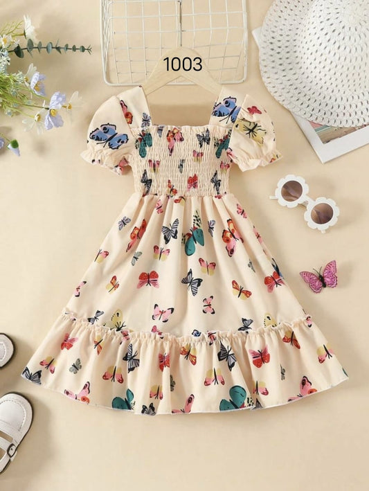 Cream Color Butterfly Printed Short Sleeve Kids Dress